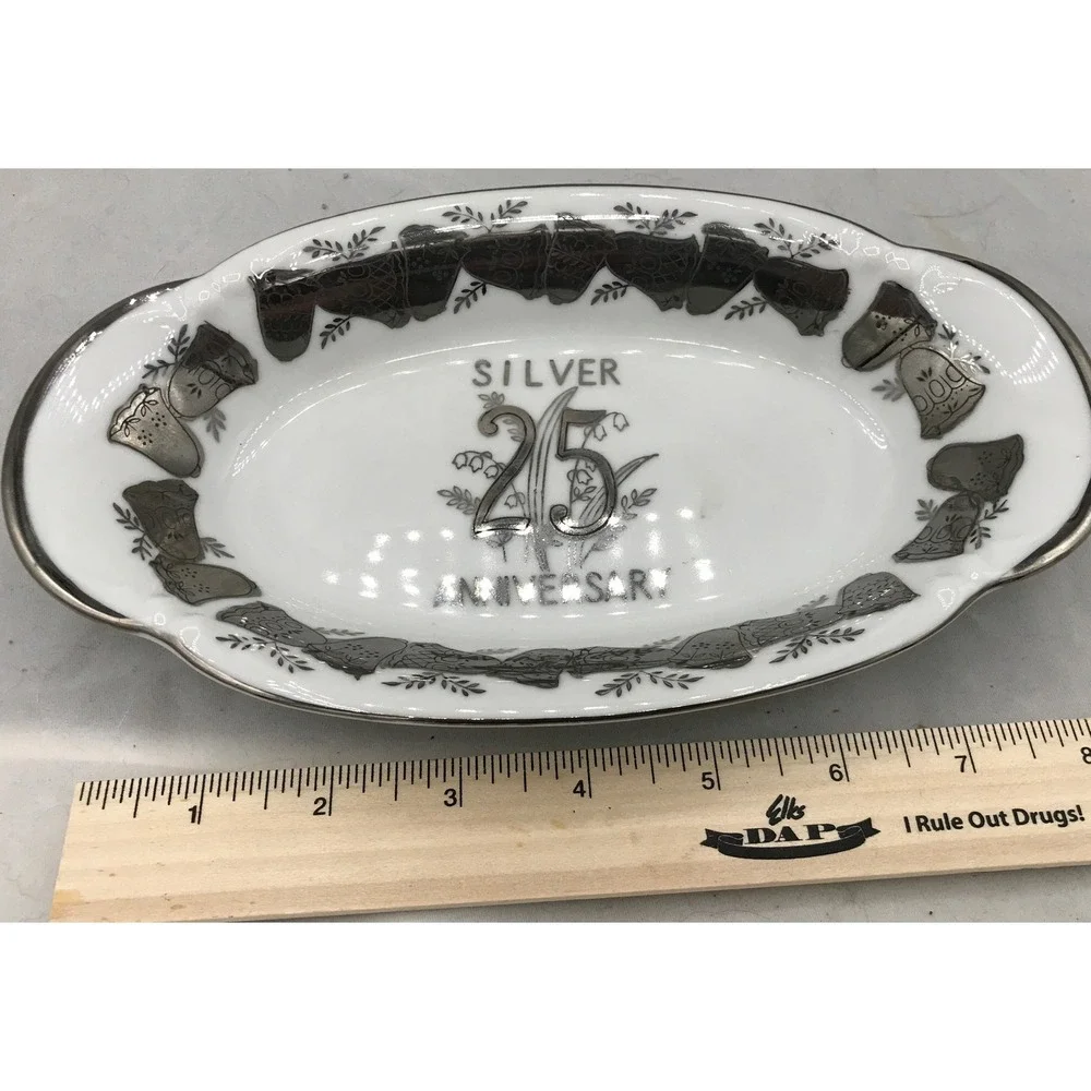 Vintage Porcelain 25 Anniversary Dish Silver Hand Painted marked